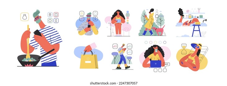 Compra en línea e ilustraciones de comercio electrónico - moderna ilustración de concepto de vectores planos de personas y objetos en compras en línea. Concepto de promoción, descuentos, ventas y pedidos online