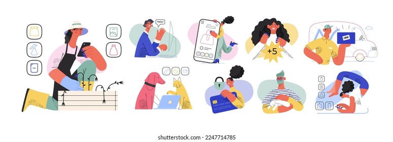 Online shopping and electronic commerce illustrations set - modern flat vector concept illustration of people and objects on online shopping. Promotion, discounts, sale and online orders concept