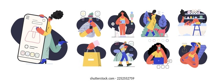 Online shopping and electronic commerce illustrations set - modern flat vector concept illustration of people and objects on online shopping. Promotion, discounts, sale and online orders concept