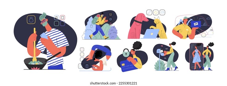 Compra en línea e ilustraciones de comercio electrónico - moderna ilustración de concepto de vectores planos de personas y objetos en compras en línea. Concepto de promoción, descuentos, ventas y pedidos online
