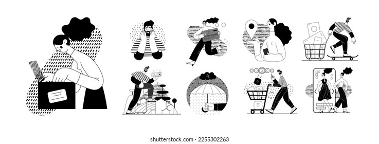 Online shopping and electronic commerce illustrations set - modern flat vector concept illustration of people and objects on online shopping. Promotion, discounts, sale and online orders concept