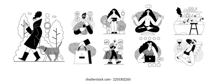 Online shopping and electronic commerce illustrations set - modern flat vector concept illustration of people and objects on online shopping. Promotion, discounts, sale and online orders concept