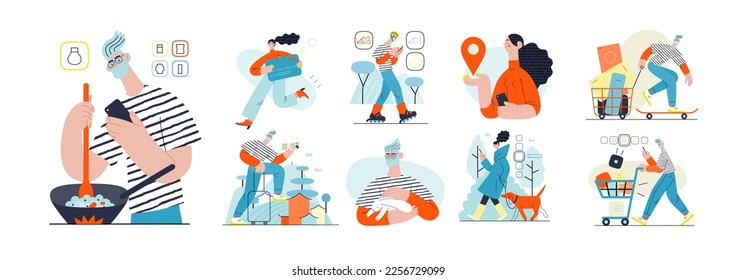 Compra en línea e ilustraciones de comercio electrónico - moderna ilustración de concepto de vectores planos de personas y objetos en compras en línea. Concepto de promoción, descuentos, ventas y pedidos online