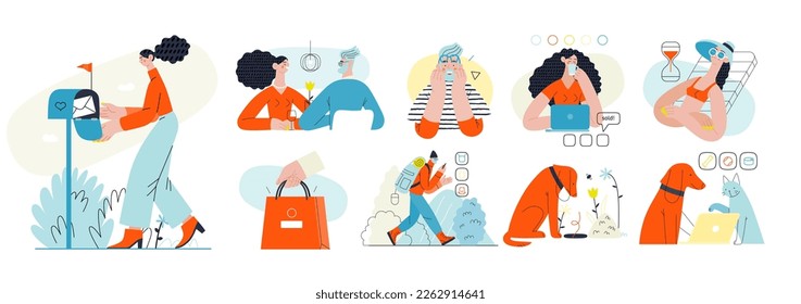 Compra en línea e ilustraciones de comercio electrónico - moderna ilustración de concepto de vectores planos de personas y objetos en compras en línea. Concepto de promoción, descuentos, ventas y pedidos online