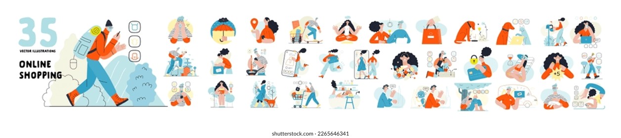 Online shopping and electronic commerce illustrations set - modern flat vector concept illustration of people and objects on online shopping. Promotion, discounts, sale and online orders concept