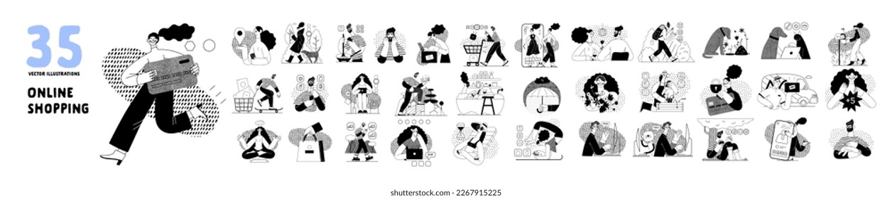 Online shopping and electronic commerce illustrations set - modern flat vector concept illustration of people and objects on online shopping. Promotion, discounts, sale and online orders concept