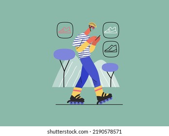 Online shopping - electronic commerce series - modern flat vector concept illustration of a man wearing roller skates and shopping on the go. Promotion, discounts, sale and online orders concept