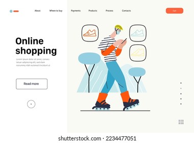 Online shopping - electronic commerce series - modern flat vector concept illustration of a man wearing roller skates and shopping on the go. Promotion, discounts, sale and online orders concept