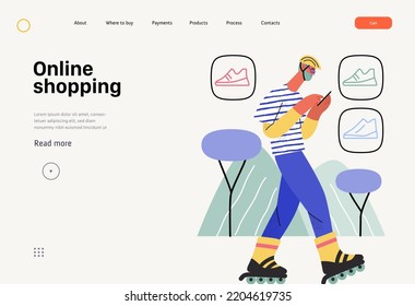 Online shopping - electronic commerce web template - modern flat vector concept illustration of a man wearing roller skates and shopping on the go. Promotion, discounts, sale and online orders concept