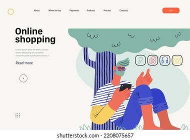 Online shopping -electronic commerce web template -modern flat vector illustration of a man sitting relaxing under the tree outside and shopping. Promotion, discounts, sale and online orders concept