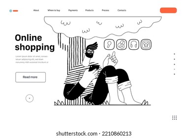 Online shopping -electronic commerce web template -modern flat vector illustration of a man sitting relaxing under the tree outside and shopping. Promotion, discounts, sale and online orders concept