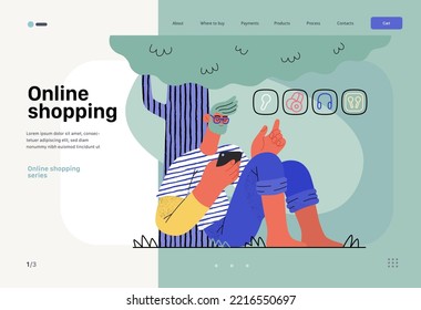 Online shopping -electronic commerce web template -modern flat vector illustration of a man sitting relaxing under the tree outside and shopping. Promotion, discounts, sale and online orders concept