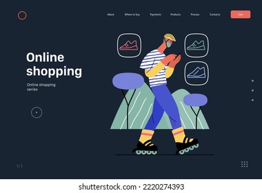 Compras en línea - plantilla web de comercio electrónico - moderna ilustración de un vector plano de un hombre con patines de ruedas y compras en marcha. Concepto de promoción, descuentos, ventas y pedidos online