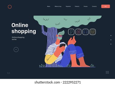 Compras en línea -plantilla web de comercio electrónico- moderna ilustración vectorial plana de un hombre sentado relajándose bajo el árbol afuera y de compras. Concepto de promoción, descuentos, ventas y pedidos online