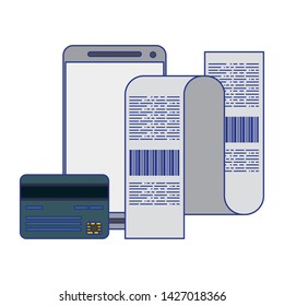 Online shopping and electronic payment smartphone and credit card with bill symbols vector illustration graphic design