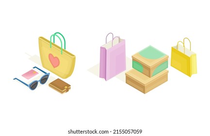 Online shopping elements set. Shopping bags. E-commerce concept isometric vector illustration