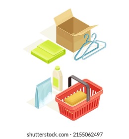 Juego de elementos de compra en línea. Ilustración vectorial isométrica del concepto de comercio electrónico
