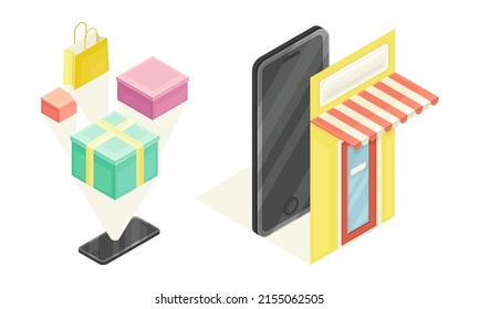 Online shopping elements set. Mobile app shopping and gift boxes. E-commerce concept isometric vector illustration