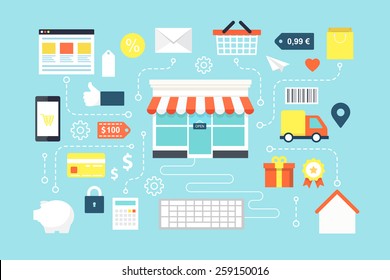 Online shopping, e-marketing, e-comerce, online shop development. Flat design style modern vector illustration.