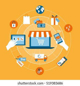 Online shopping, e-payment, retail and delivery concept, laptop with shopping cart at center