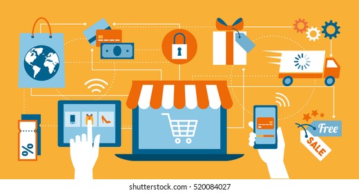 Online shopping, e-payment, retail and delivery concept, laptop with shopping cart at center