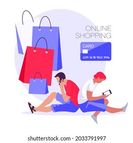 Compras en línea, compra electrónica, tienda de Internet. El comprador elige un producto, paga por la banca móvil, el paquete de paquetes de seguimiento y entrega al cliente. Dispositivos móviles y smartphones. Ilustración vectorial.