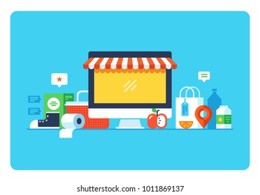 Online shopping, Eshop, Internet selling, online marketing. Flat design modern vector illustration concept.