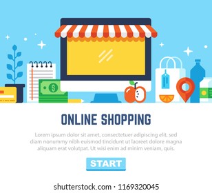 Online shopping, Eshop, Internet selling, online marketing. Flat design modern vector illustration concept, one page web design template, website elements layout.