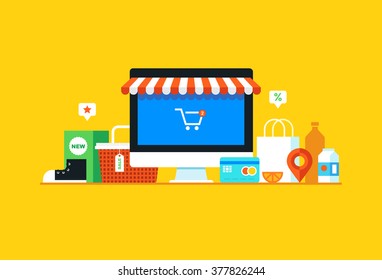 Online shopping, Eshop, Internet selling, online marketing. Flat design modern vector illustration concept.