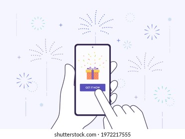 online shopping event illustration: hand holding mobile phone and touching screen. celebration event, lucky box, birthday gift. simple fireworks background. 