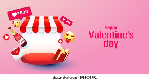 Online shopping exhibition podium with Happy valentines day and heart for Web, Internet, App, Analytics, Promotion, Marketing and space for product display