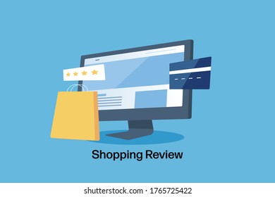 Online shopping experience, Customer satisfaction, Online Shopping review - conceptual 3D flat design vector illustration
