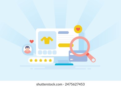 Online shopping experience, Customer sharing online experience with rating and reviews. Online business generating huge revenues. eCommerce marketing - vector illustration with icons