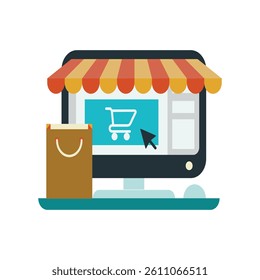 Online Shopping Experience Depicted on a Computer Screen, A flat design illustration of a computer screen displaying an online shopping store.