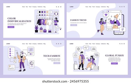 Juego de experiencia de compra en línea. Personalización de la moda, adopción de tendencias tecnológicas, fusión de estilo global. Moderna interfaz de moda de comercio electrónico. Ilustración vectorial.