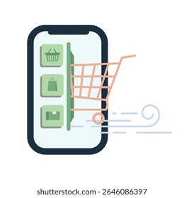 an online shopping experience, with a smartphone displaying a shopping cart icon and other e-commerce related symbols, alongside a physical shopping cart. 