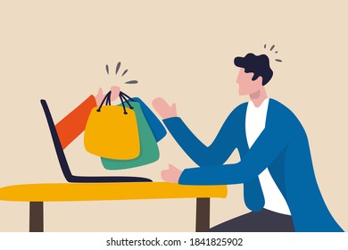 Online shopping and express delivery, e-commerce website to order via internet concept, young man sit at home using computer laptop to order goods from website with helping hand deliver shopping bags.