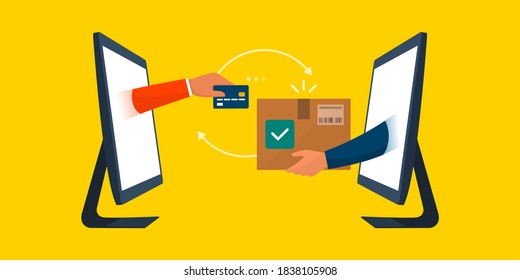 Online shopping and express delivery on a e-commerce website: customer paying with a credit card and seller giving a delivery box