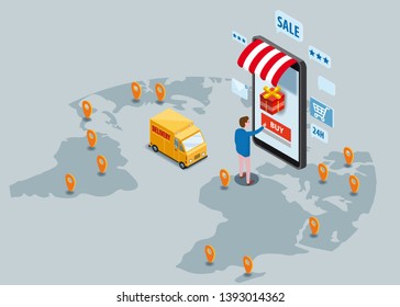 Online shopping, express delivery service, courier service. Isometric design smartphone buyer orders goods, delivery truck, world map, transport logistics. Mobile applications technology. Landing page