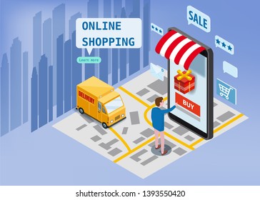 Online shopping, express delivery service, courier service. Isometric design smartphone buyer orders goods, delivery truck, city map, transport logistics. Mobile applications technology. Template