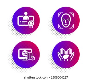 Online shopping, Face detection and Certificate icons simple set. Halftone dots button. Fair trade sign. Black friday, Detect person, Best employee. Safe nature. People set. Vector