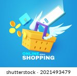 Online shopping. Fast shopping concept with basket, coins, credit card, purse and wings.