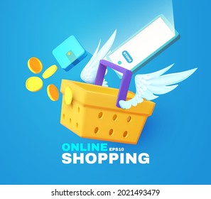 Online shopping. Fast shopping concept with basket, coins, credit card, purse and wings.