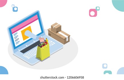 Online shopping or fast delivery concept, illustration of online food ordering app open in laptop with delivery boxes on abstract background.