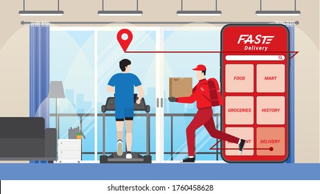 Online shopping and fast delivery concept. Delivery man and parcel box with fast express deliver get through mobile phone application. Target to customer transportation at home.