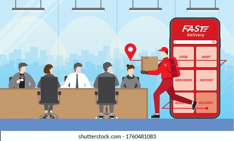 Online shopping and fast delivery concept. Delivery man and parcel box with fast express deliver get through mobile phone application. Target to customer transportation at office workplace.