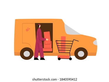 Online shopping and fast delivery concept. Logistics company employee is putting the order in the truck. Vector stock flat illustration isolated on white background. Template for landing page design.