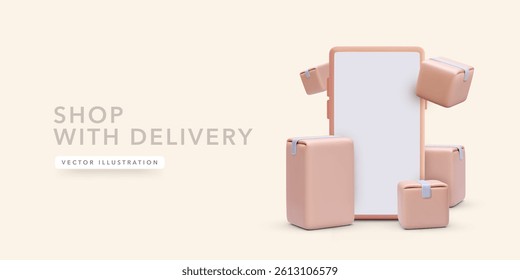 Online Shopping With Fast Delivery Service Shown Via Smartphone And Packages In 3D Minimal Style. Perfect For Ecommerce, Retail Apps, And Digital Stores. Vector Illustration.
