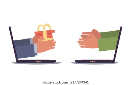 Online shopping and fast money consumerism courier to customer. Hand gold gift and order sell vector illustration concept. E-commerce delivery shop and hands shipping box. Internet service on laptop