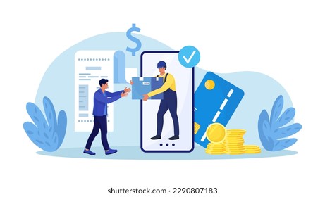 Online shopping or fast safe delivery service. Courier man holding shopping box coming out from phone screen. Customer receiving parcel. Online order and payment by mobile app. Internet e-commerce